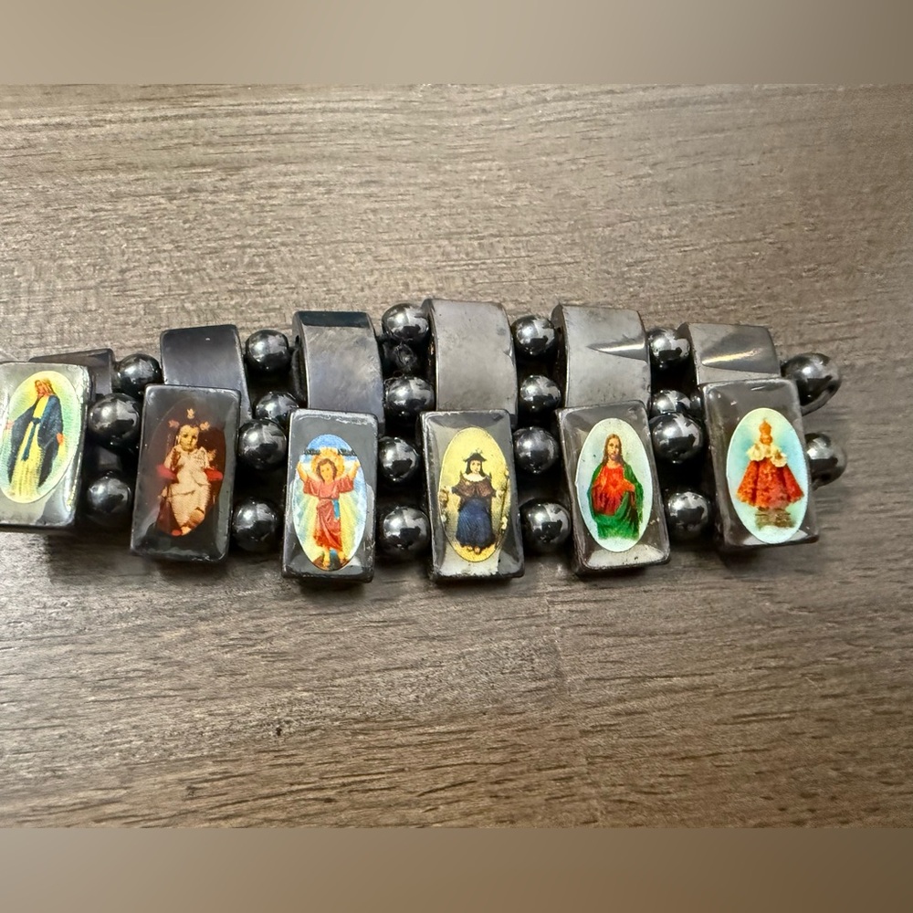 Vintage hematite stretch bracelet with religious paintings saints & Jesus